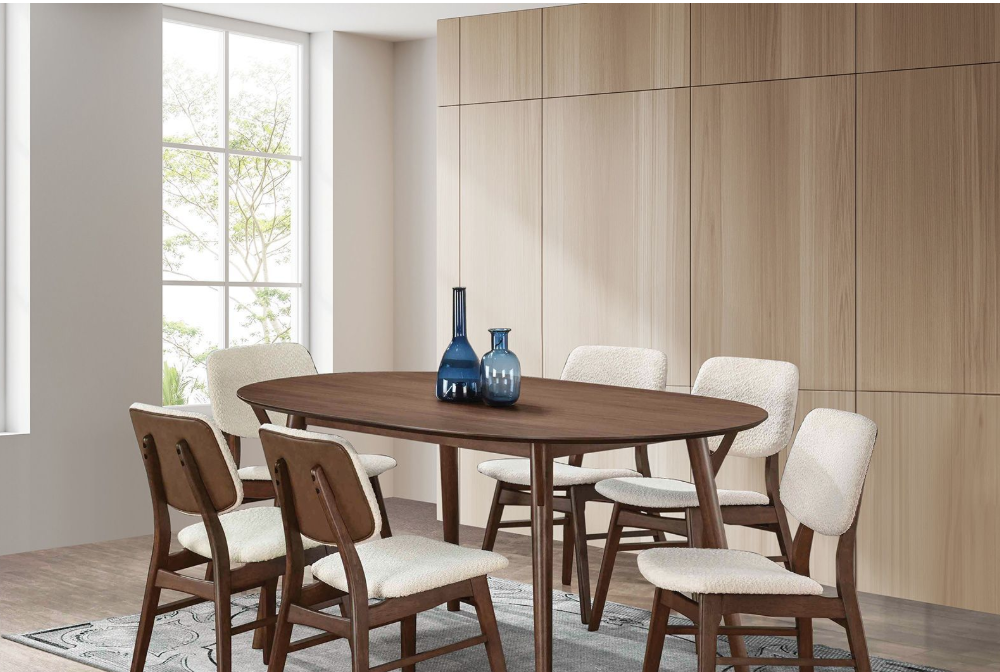 Complete view of the Mid-Century Walnut Oval Dining Table Set with an inviting dining arrangement.