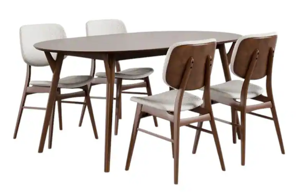 Mid-Century Walnut Oval Dining Table Set styled with modern accessories and warm lighting for a cozy atmosphere.