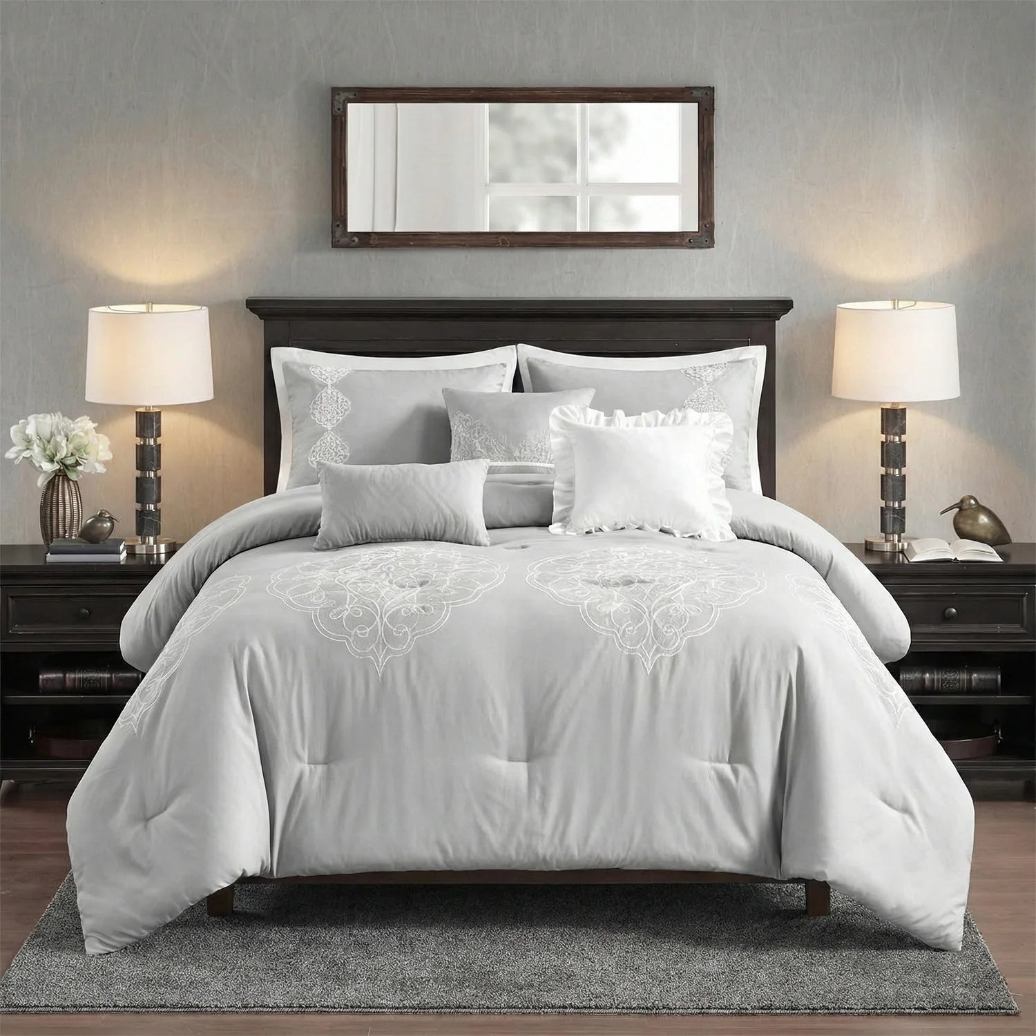 Queen King Microfiber 6-Piece Comforter Set, Silver Medallion featuring soft microfiber fabric.