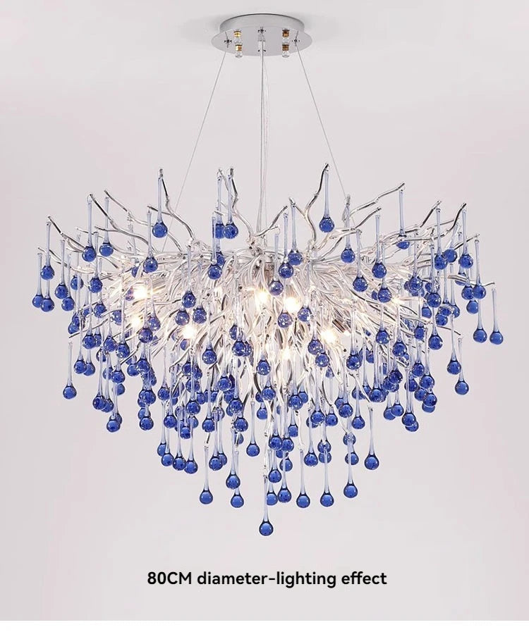 Luxury Chrome Branch  &  Silver Blue Crystal Ceiling Chandelier