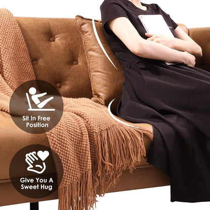 Versatile Mid-Century Modern Leather Tufted Sofa w/2 Throw Pillows