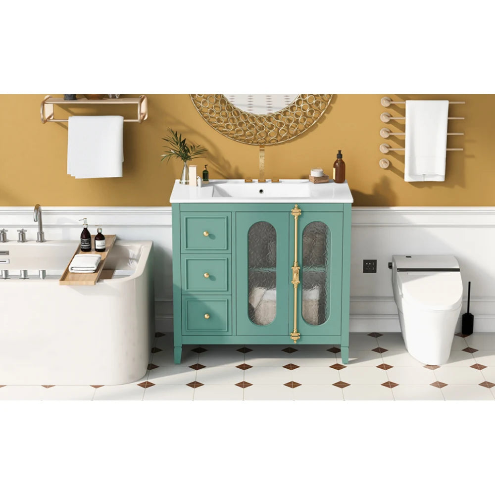 Modern 36" Double Glass Door Bathroom Cabinet w/Undermount Ceramic Sink