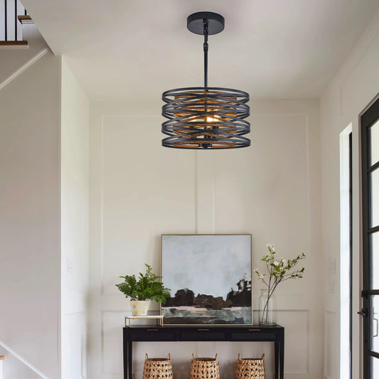 13" Rustic Industrial Black & Walnut Hanging Pendant Light (No Bulbs)