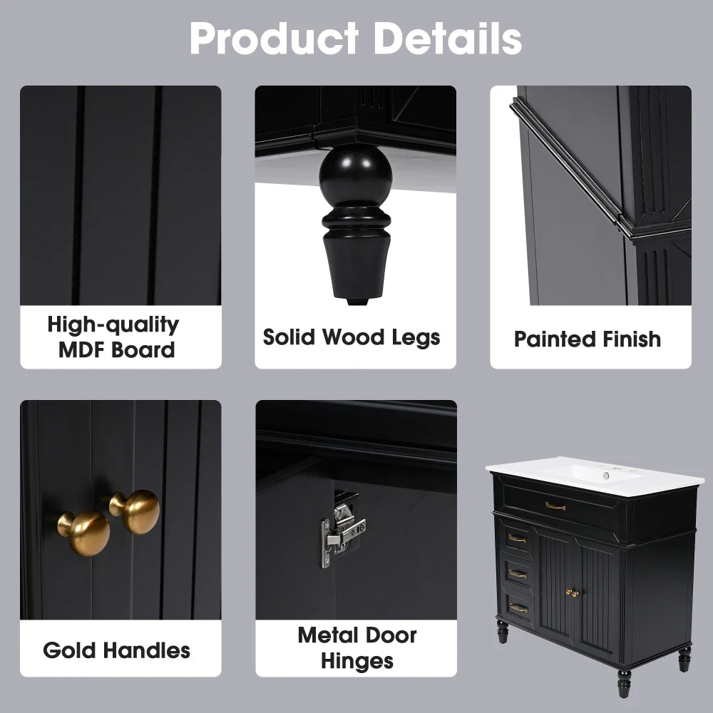 Freestanding 36" Black  Bathroom Vanity w/Retro Gold Handles & Ceramic Sink
