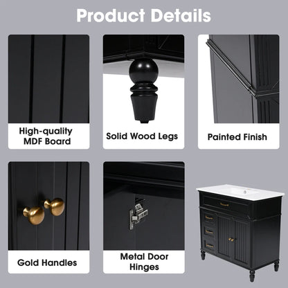 Freestanding 36" Black  Bathroom Vanity w/Retro Gold Handles & Ceramic Sink