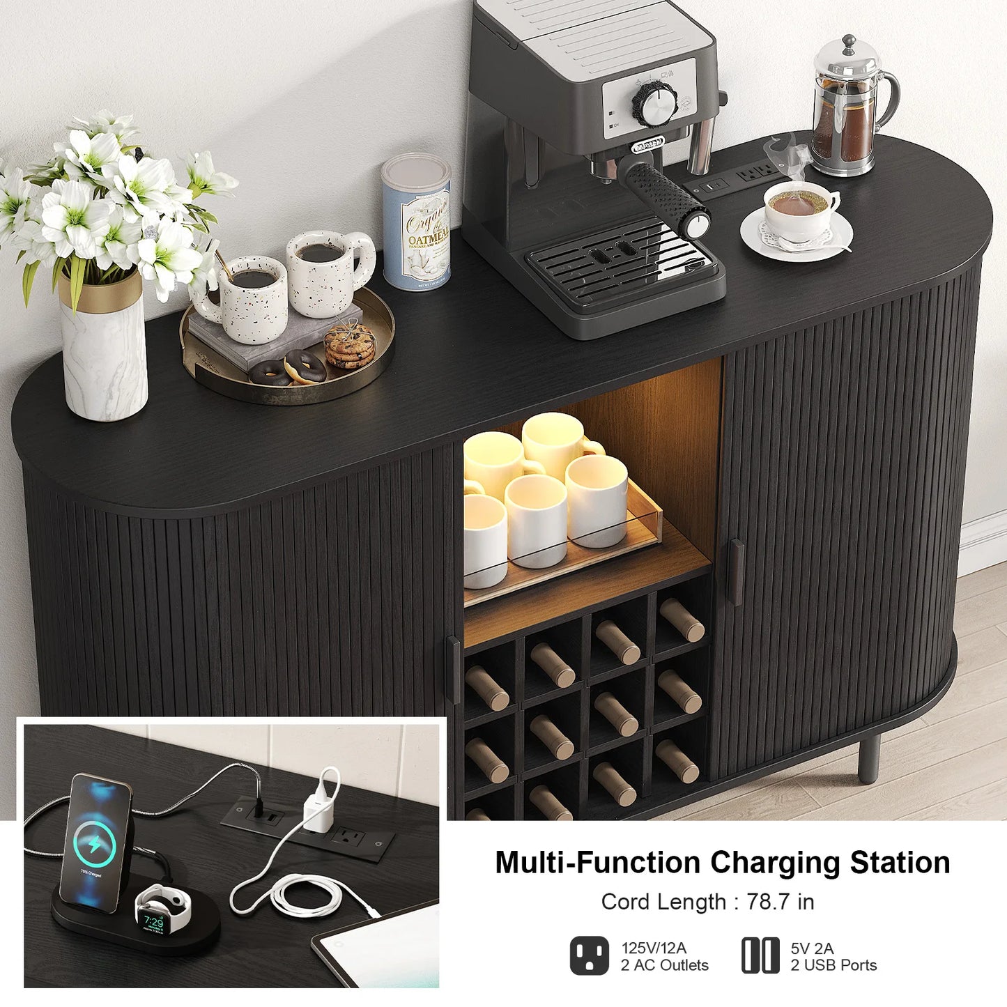 Spacious Wine Bar Cabinet/Coffee Bar Cabinet w/RGB Lights