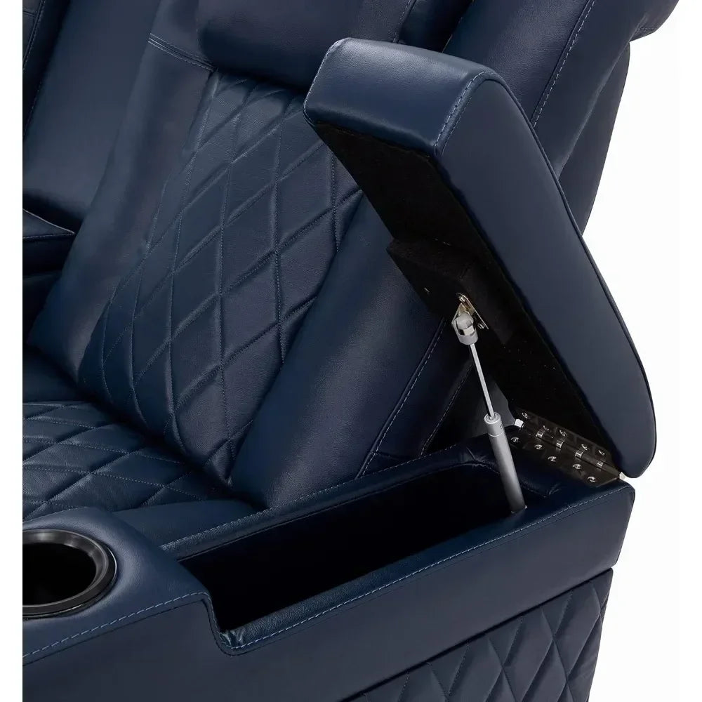 Navy Blue Leather Power Recliner Home Theater Seating Row of 4 with embedded USB ports for device charging, illustrating convenience and modern design.