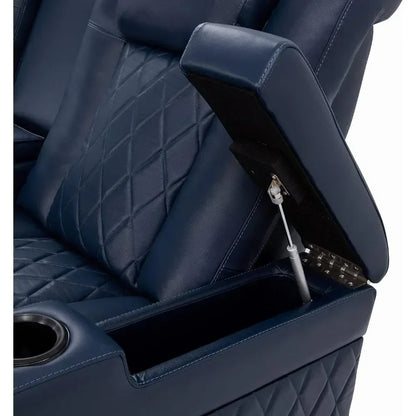 Navy Blue Leather Power Recliner Home Theater Seating Row of 4 with embedded USB ports for device charging, illustrating convenience and modern design.