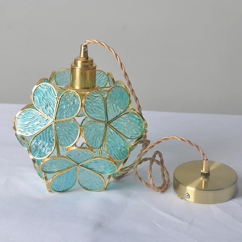 Luxurious Glass Flower Petal Hanging Pendant Light w/a Brass Finish 
