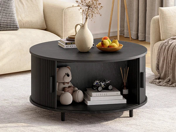 Modern Engineered Wood Center Table for Living Room – Featuring a black finish, this mid century coffee table offers hidden storage.