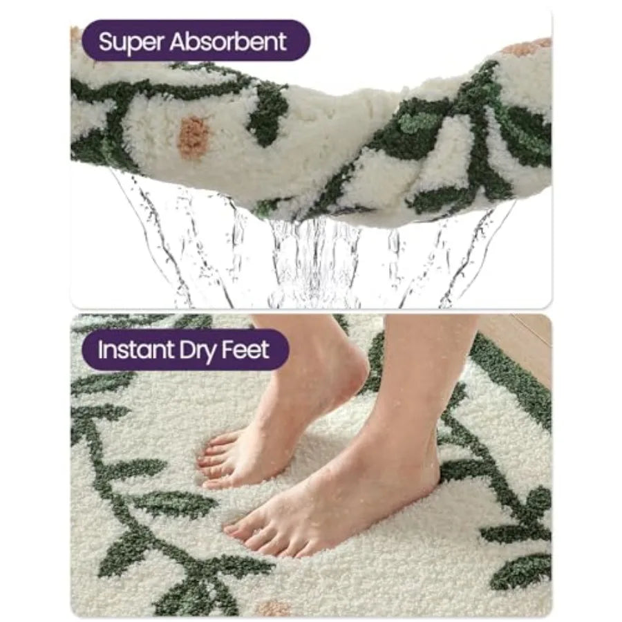 Non-Slip Pink Flower Rug, a 32x20 Microfiber Floral Bath Mat featuring water-absorbent fibers for quick drying.