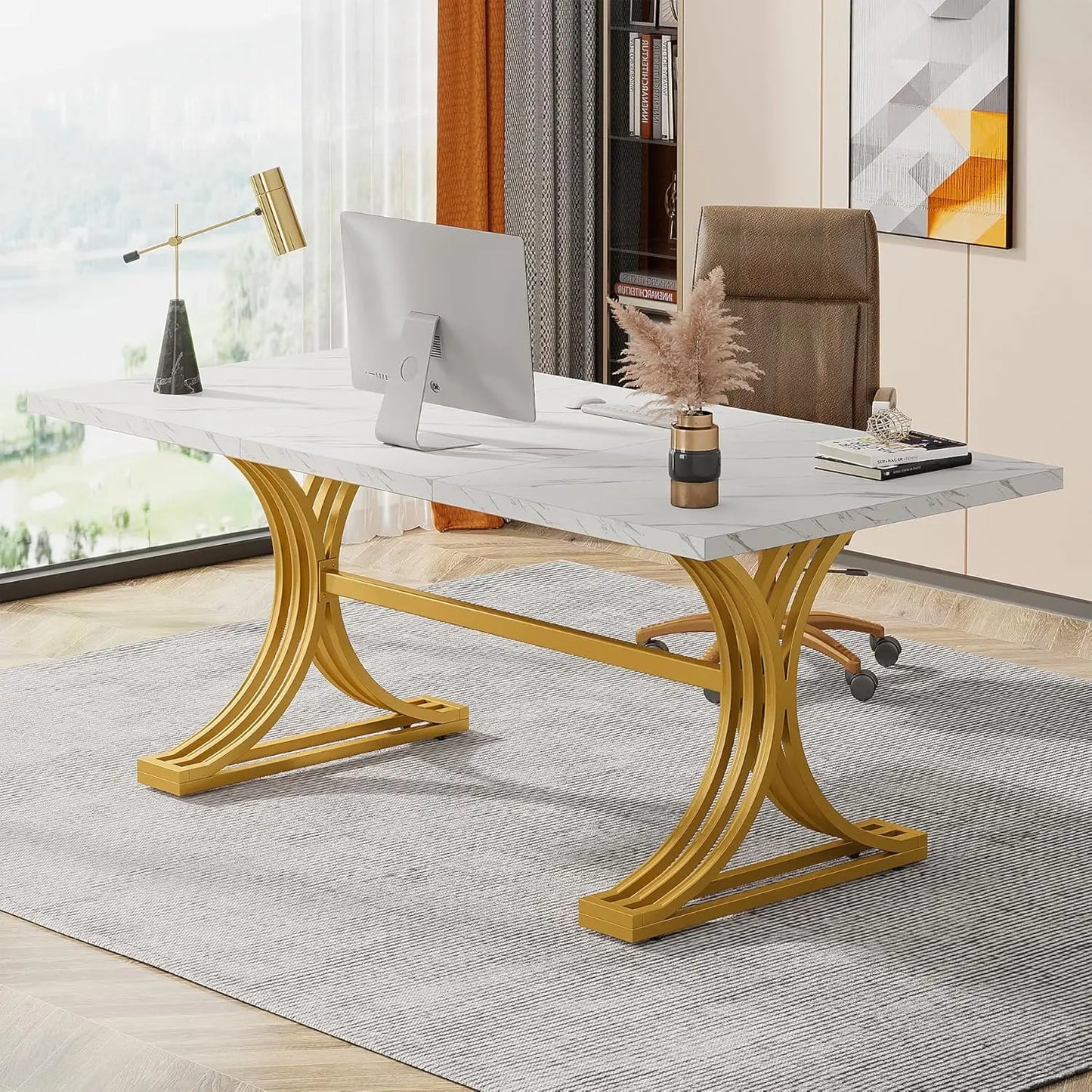 Modern Rectangular Faux Marble Table Top Executive Desk 