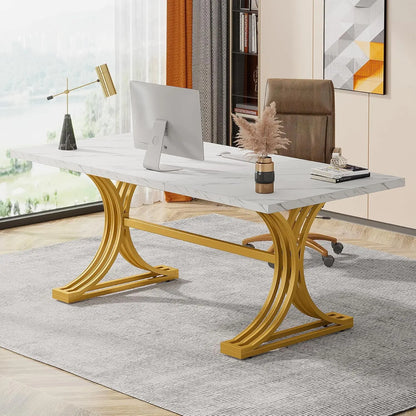 Modern Rectangular Faux Marble Table Top Executive Desk 