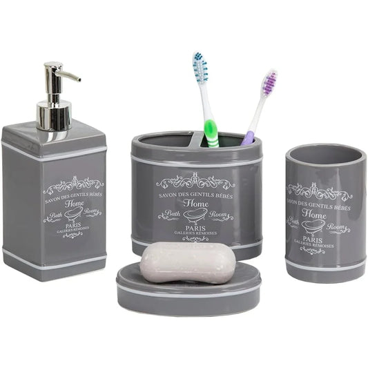 Decorative 4-Piece Gray Ceramic Bathroom Ensemble w/a Chic Paris Design