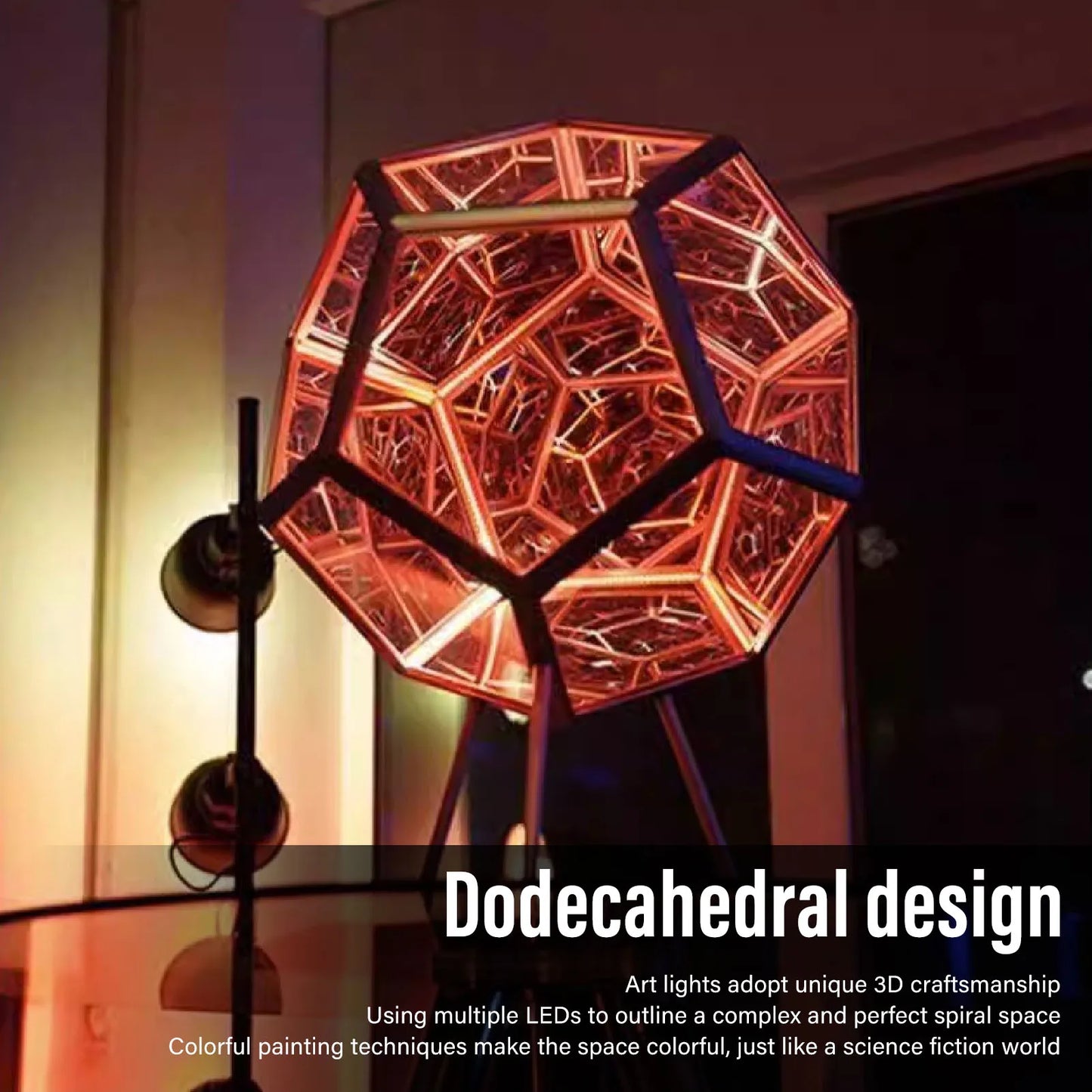 Adjustable USB 3D LED Cube Light displayed as a decorative piece on a nightstand, highlighting its artistic appeal.