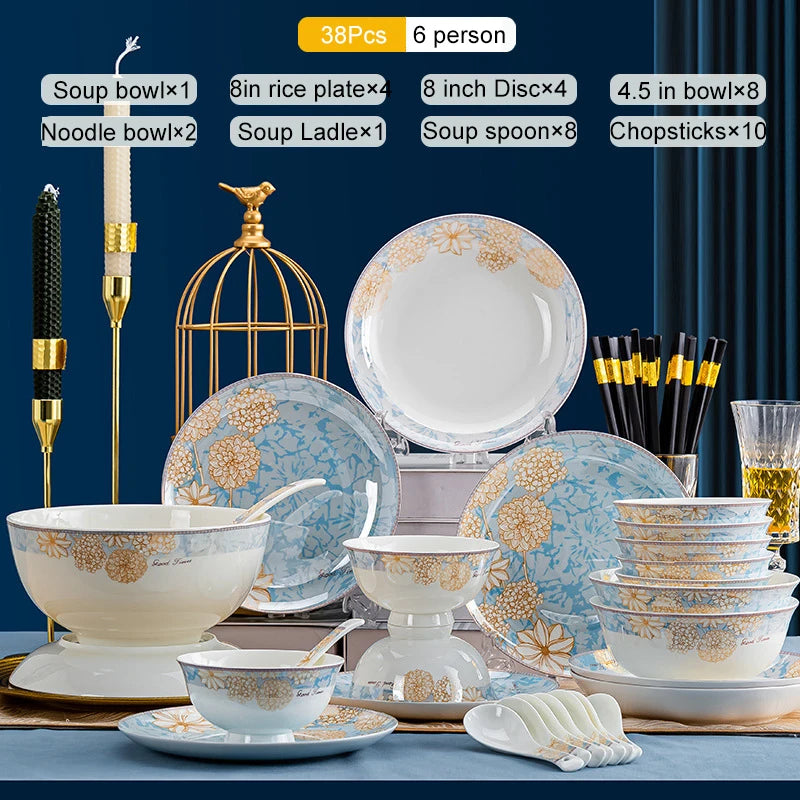 Chic Elegant 16-Piece Blue And White Ceramic Dinnerware Set enhancing any dining occasion.