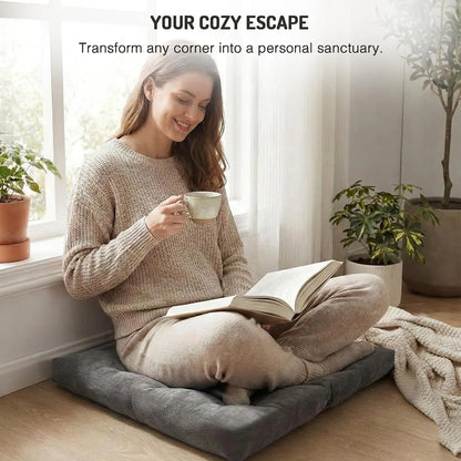 22x22 Corduroy Floor Pillows, Set of 2, Grey Memory Foam shown as cozy extra seating for a living room