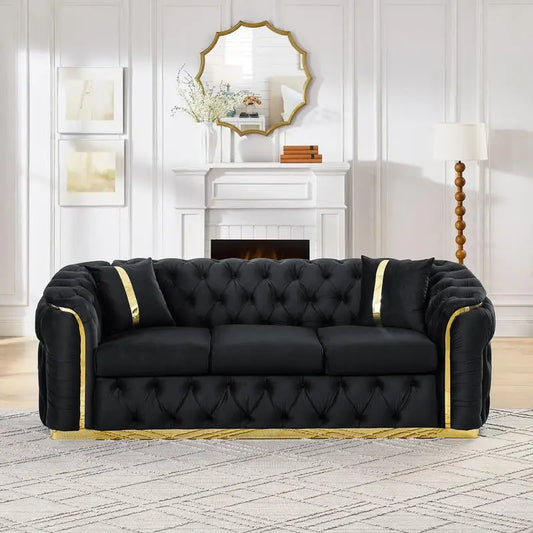 Luxury Black Velvet Button Tufted Sofa w/Gold Stainless Steel Accents