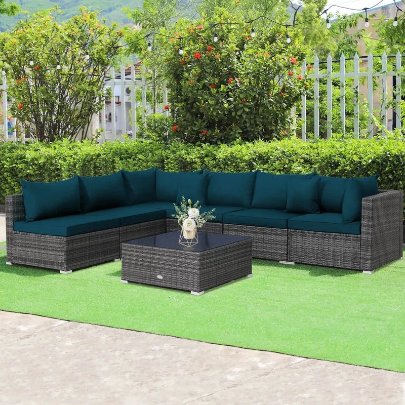 7-Piece Outdoor Rattan Sectional Sofa Set w/Peacock Blue Cushions