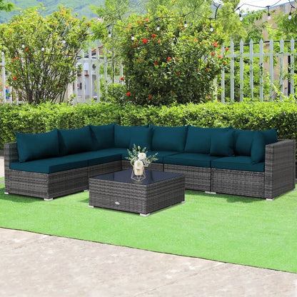 7-Piece Outdoor Rattan Sectional Sofa Set w/Peacock Blue Cushions