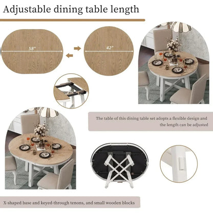 5-Piece Round Natural Wood Dining Table Set for 4