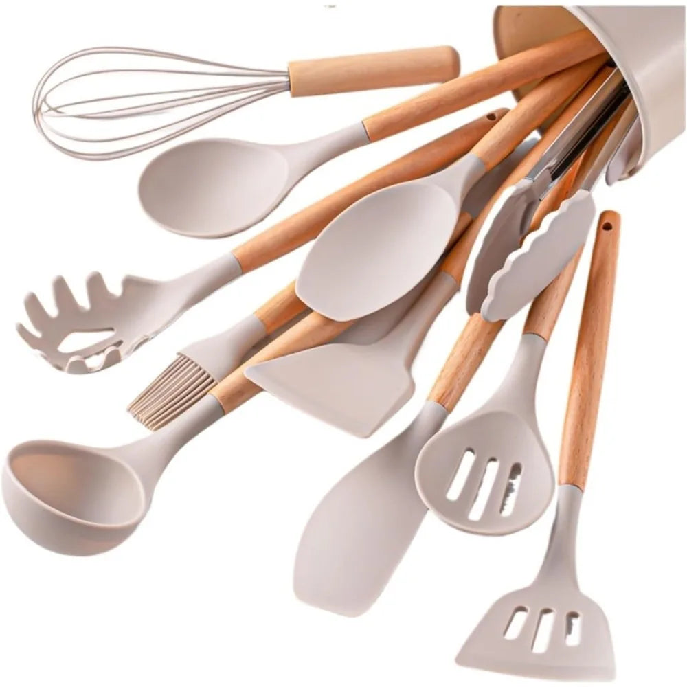 12-Piece Silicone Kitchen Utensil Set with Wooden Handles for Non-Stick Cookware, silicone kitchen utensil set arranged for everyday cooking