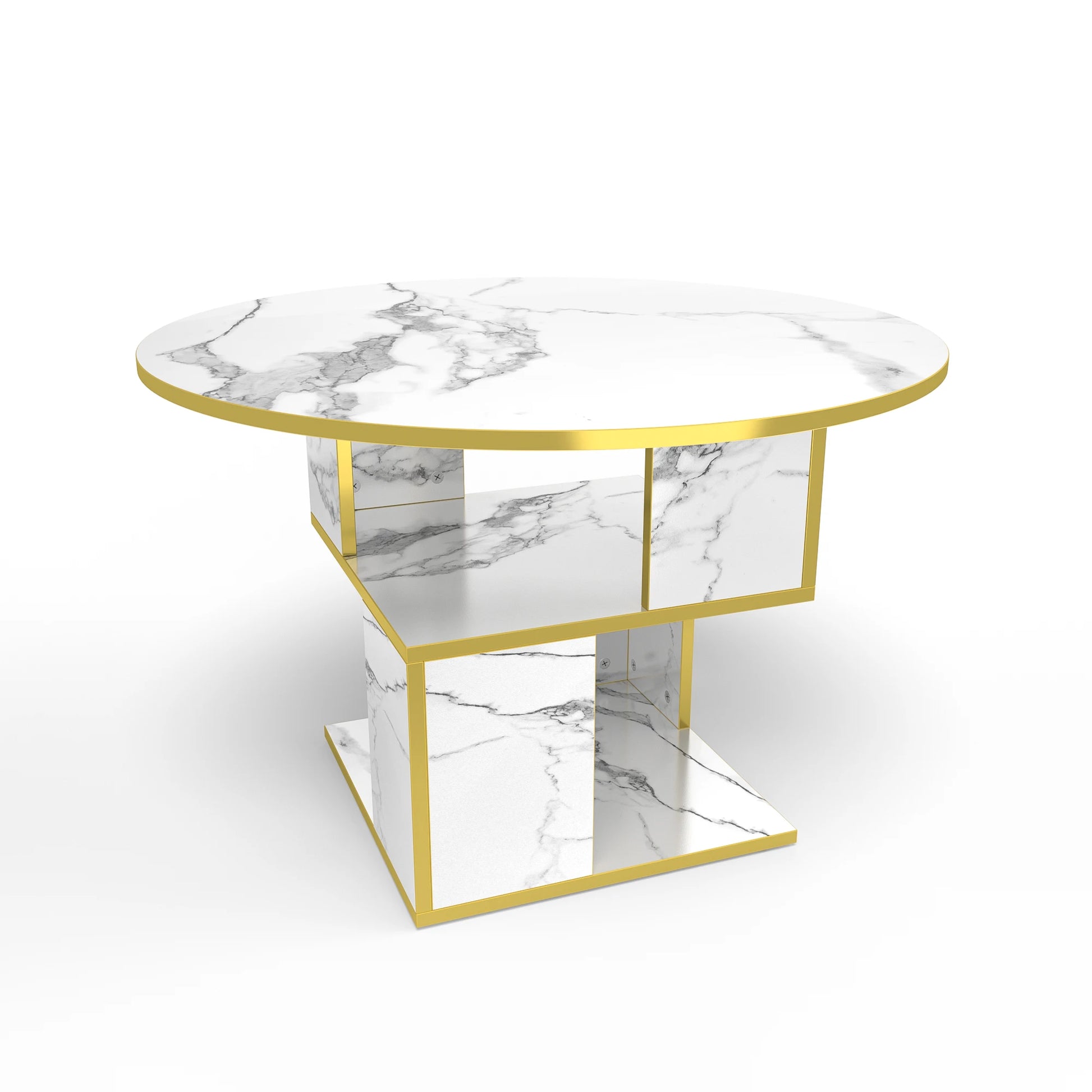 Elegant and functional 30” Round Marble Coffee Table showcased with three-tier storage shelves, perfect for modern luxury living rooms.