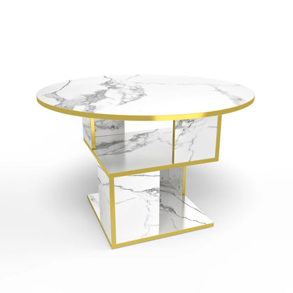 Elegant and functional 30” Round Marble Coffee Table showcased with three-tier storage shelves, perfect for modern luxury living rooms.