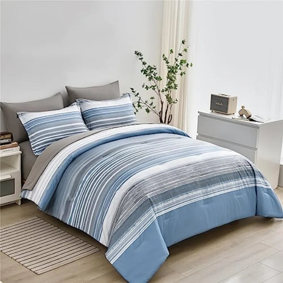 Light Blue Blue & White Striped Queen Comforter Set showcasing soft microfiber bedding, perfect for a modern coastal bedroom decor.