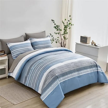 Light Blue Blue & White Striped Queen Comforter Set showcasing soft microfiber bedding, perfect for a modern coastal bedroom decor.