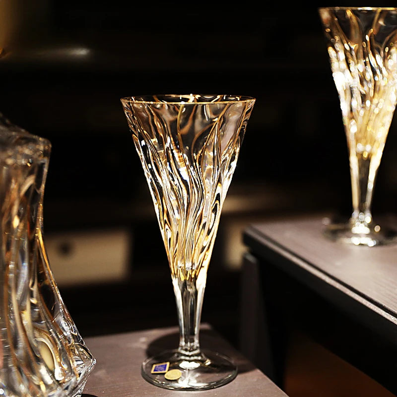 Crystal Glass Gold Traced Wine Decanter & Wine Glass Set