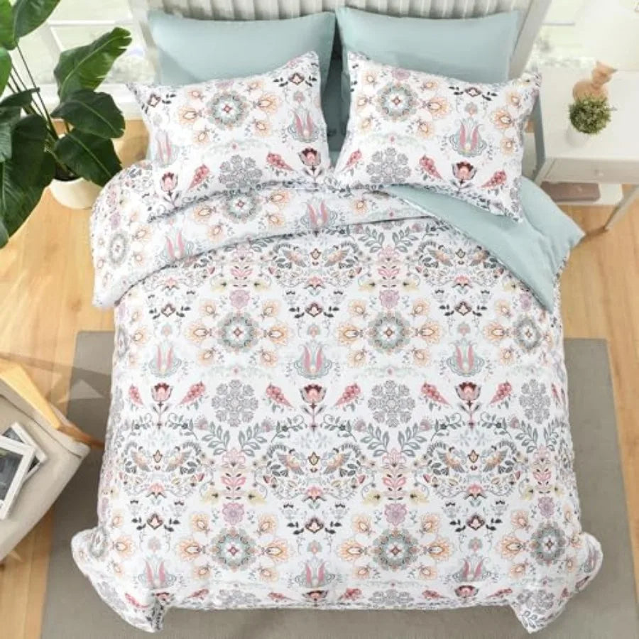 Close-up of the fabric texture of the Boho Floral Comforter Set highlighting its soft microfiber and breathable feel.