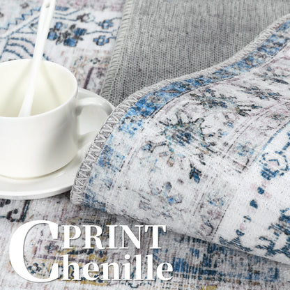 Exquisite Vintage Floral Design Chenille Blue Area Rug