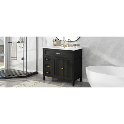 Freestanding 36" Black  Bathroom Vanity w/Retro Gold Handles & Ceramic Sink