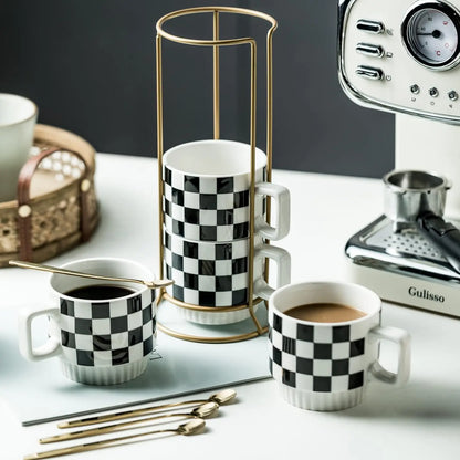 Modern Checkered Black And White 11Oz Ceramic Stackable Coffee Mug Set of 4 displayed with elegant gold-rack showcasing the chic checkered coffee mug set.