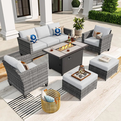 Modern 6-piece Rattan Wicker Patio Furniture Set w/a Gas Propane Fire Pit Table 