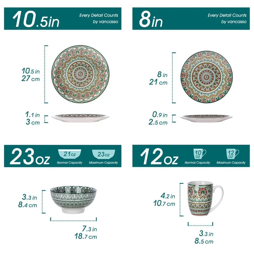 Boho Style 16-Piece Porcelain Dinnerware Set w/Mandala Floral Pattern