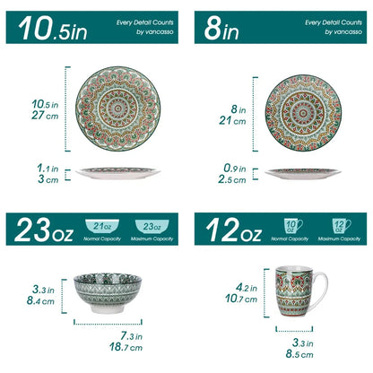 Boho Style 16-Piece Porcelain Dinnerware Set w/Mandala Floral Pattern