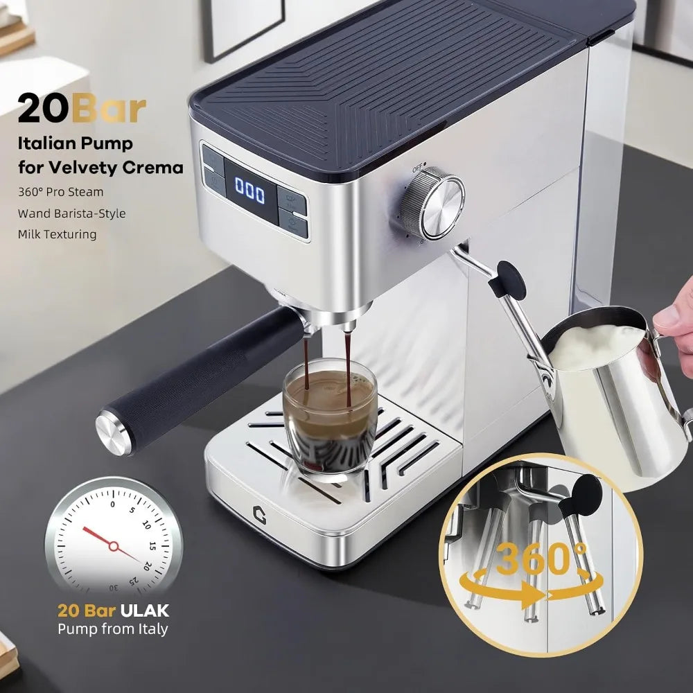 Garvee Espresso Machine 20 Bar with Milk Frother - Stainless Steel 1350W Espresso Maker - Silver, espresso machine with frother making a latte