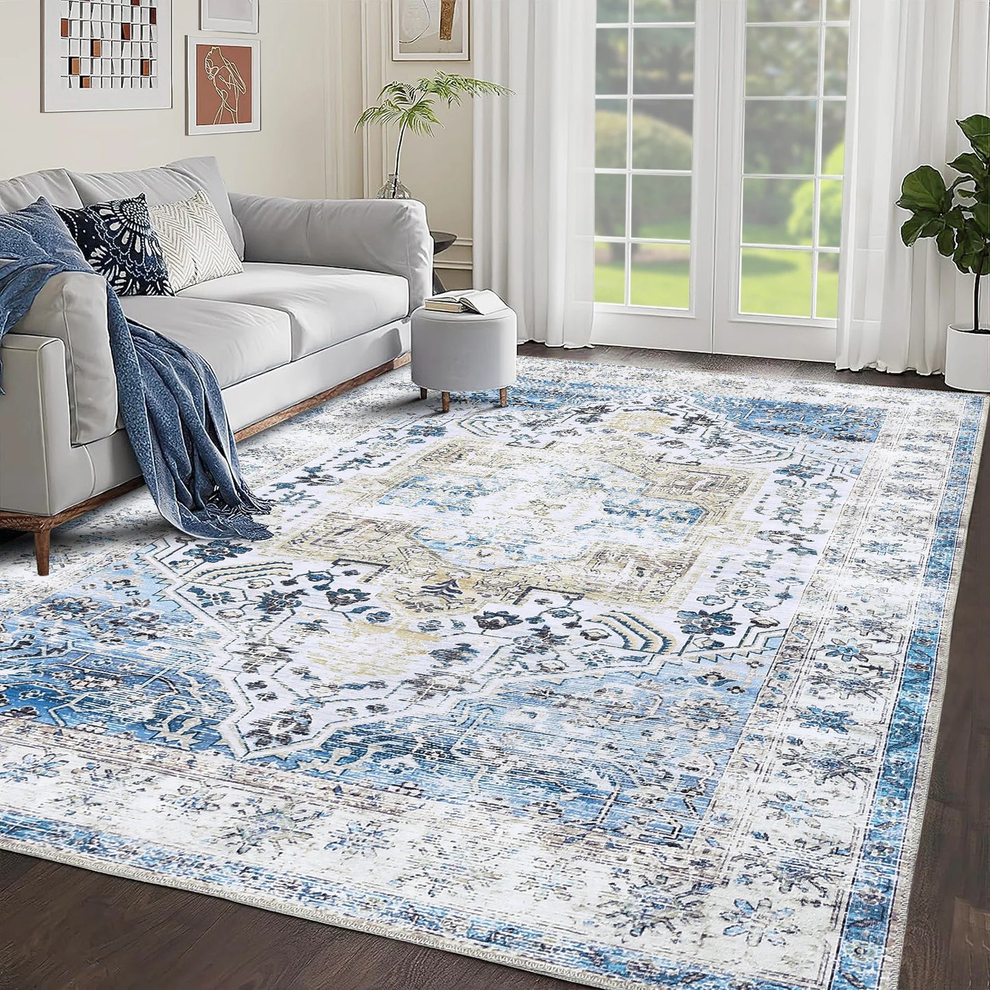 Exquisite Vintage Floral Design Chenille Blue Area Rug