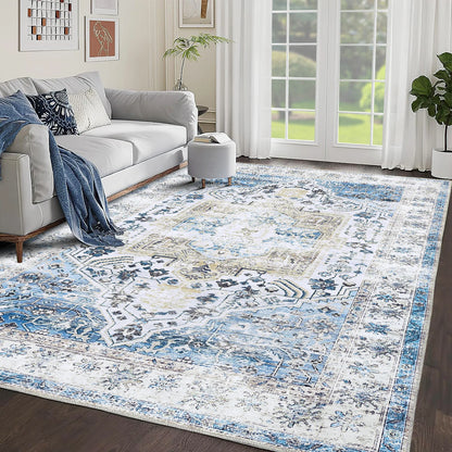 Exquisite Vintage Floral Design Chenille Blue Area Rug