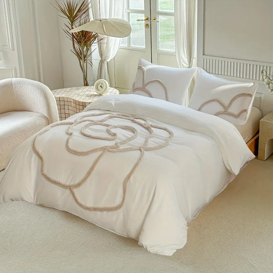 Ultra Soft Microfiber Boho Bedding Set featuring 3D Embroidered Ribbon Design, Zipper Closure, and Pillow Shams in a chic bedroom setting.
