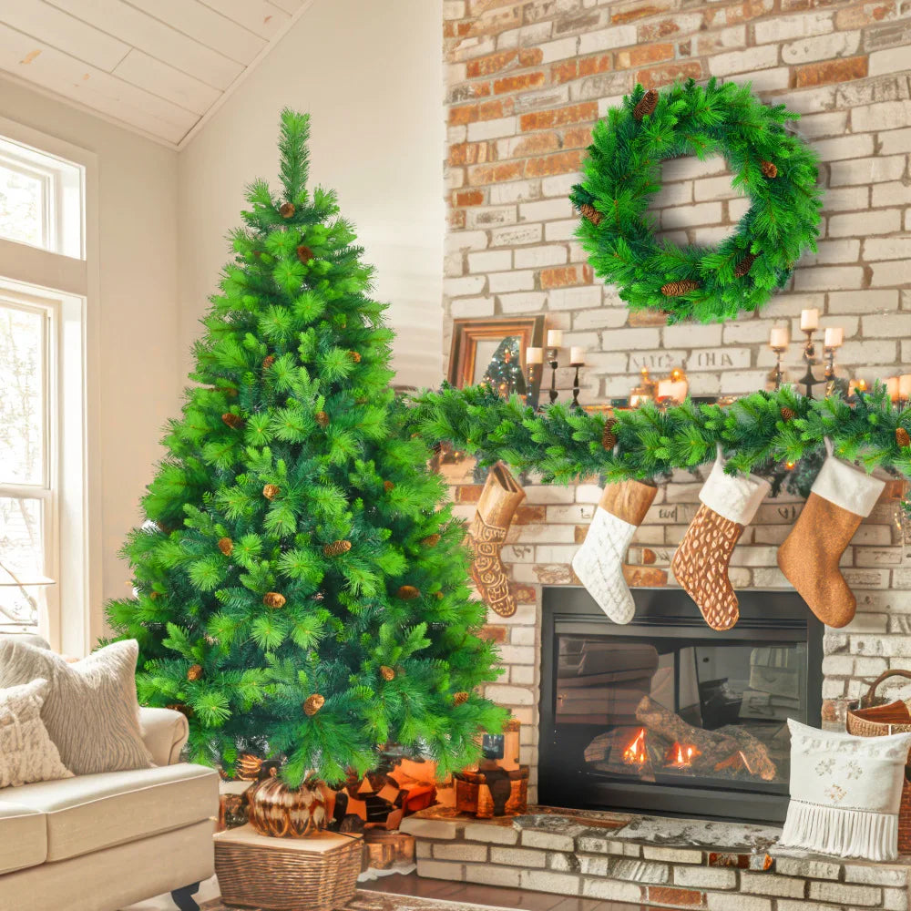 Artificial Emerald Green 6FT Christmas Tree Set w/Pine Cones