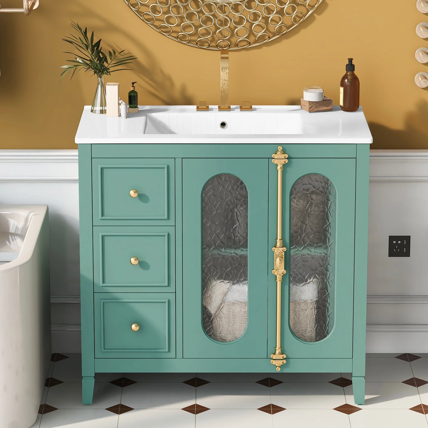 Modern 36" Double Glass Door Bathroom Cabinet w/Undermount Ceramic Sink