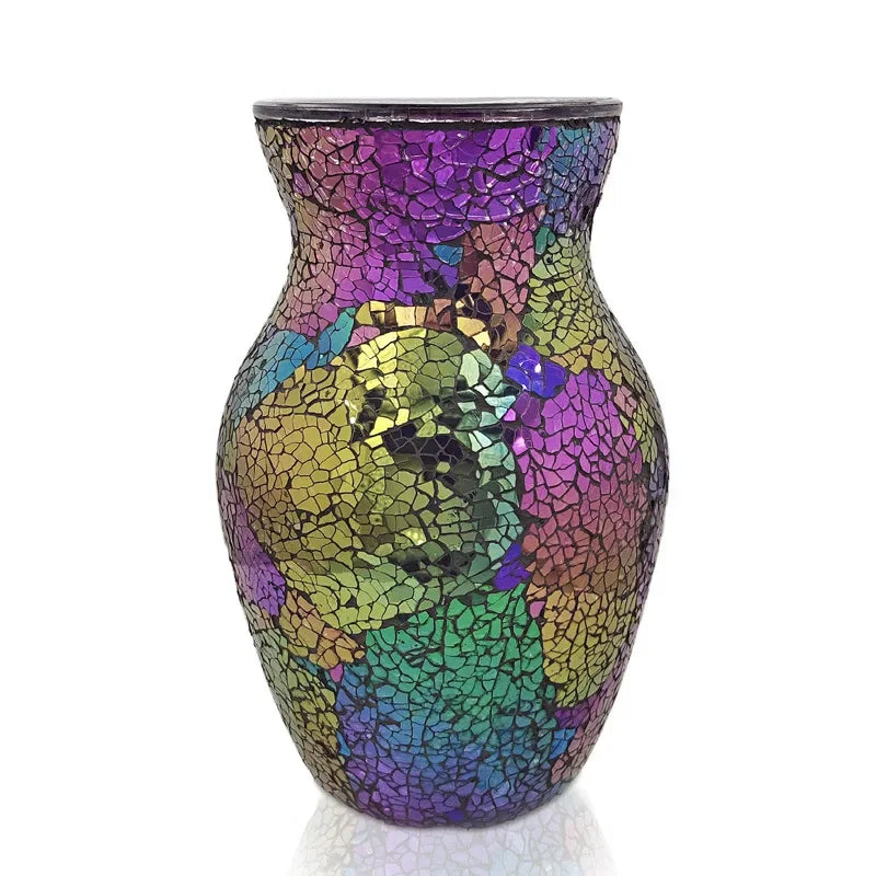 8" Handcrafted Cracked Glass Flower Vase elegantly placed on a mantel, a beautiful handcrafted glass vase ideal for traditional and modern decor.