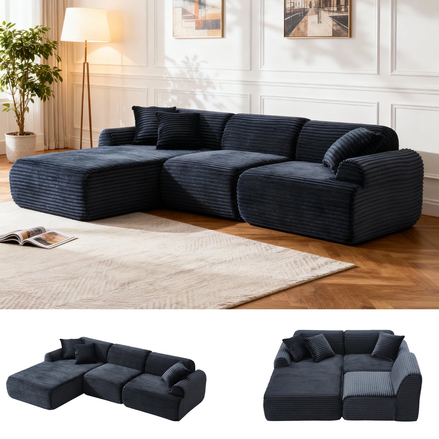 L-Shaped Oversized Deep Seat Modular Corduroy Sofa with Memory Foam Support featuring plush cushions and a stylish design, ideal for modern living spaces.