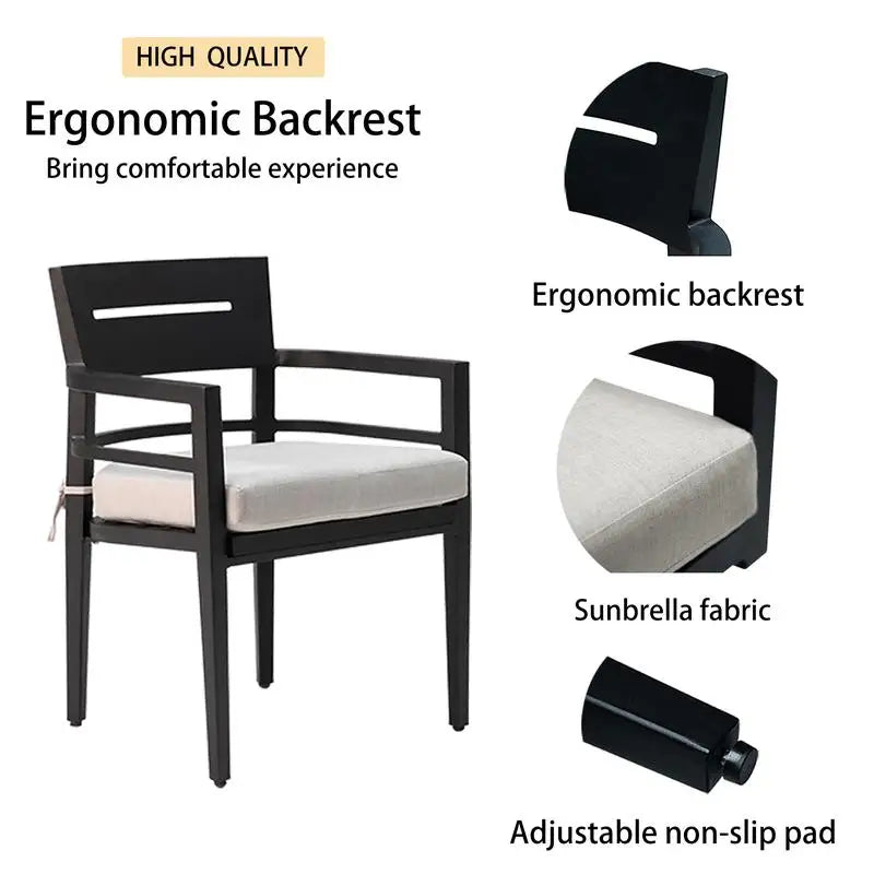 Close-up view of the Modern Outdoor Dining Set featuring comfortable swivel rocker chairs and light gray cushions.