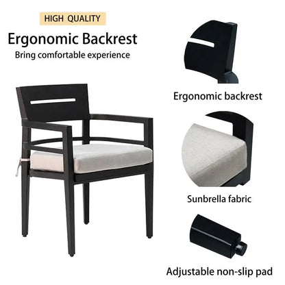 Close-up view of the Modern Outdoor Dining Set featuring comfortable swivel rocker chairs and light gray cushions.