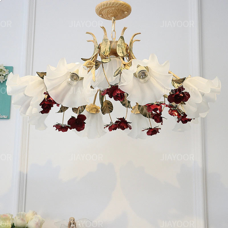 Pastoral Floral Chandelier with LED illumination creating a warm ambiance, a must-have floral chandelier for cozy dining experiences.