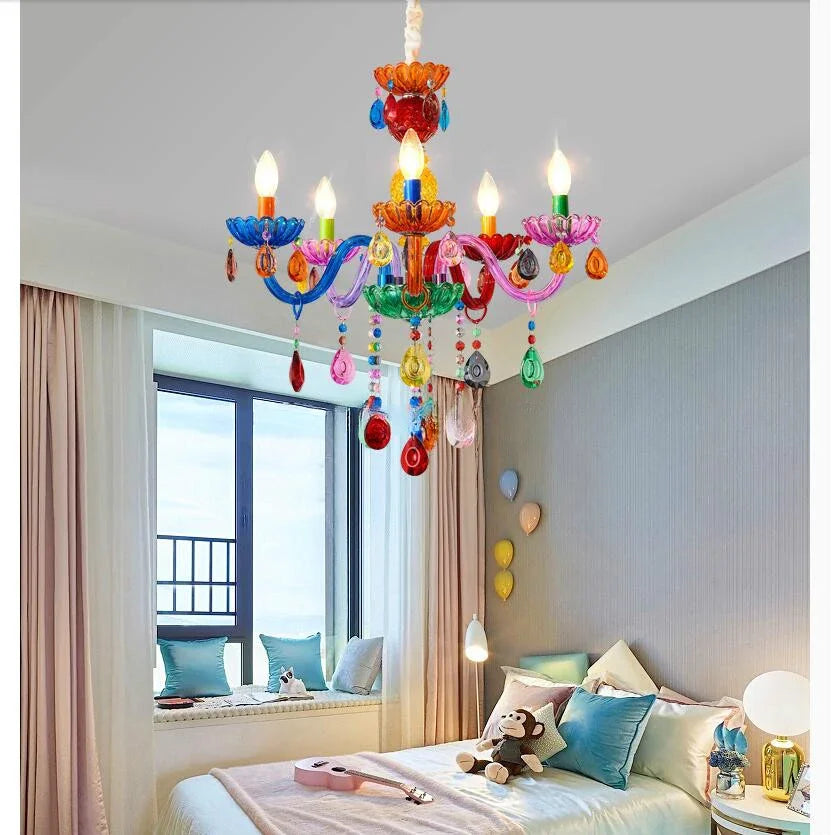 Colorful 100% Crystal Pendant Lamp with a stunning stained glass chandelier design that combines European and Bohemian styles.